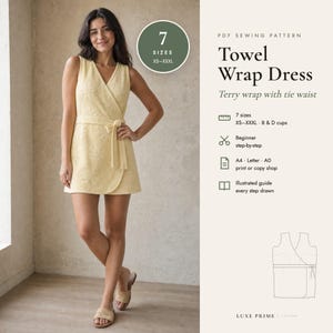 Towel Wrap Dress Sewing Pattern, Terry Beach Dress PDF, Sleeveless Mini Wrap Dress, Tie Waist, B and D Cup, XS-XXXL, A4 Letter A0