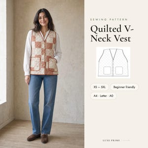 Naaipatroon voor een gewatteerd vest, gewatteerd vest met V-hals en zakken (PDF), geschikt voor beginners, maten XS-5XL en plus size, A4 Letter A0