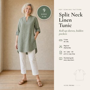 Linen Tunic Sewing Pattern XS-5XL, Split Neck Tunic Top PDF with Band Collar, Pockets, High Low Hem, Plus Size Tunic Pattern, A4 Letter A0