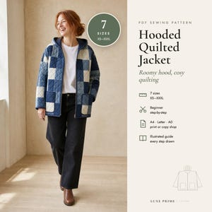 Hooded Quilted Jacket Sewing Pattern for Women XS-XXXL, Patchwork Quilt Coat PDF, Beginner Friendly, A4 Letter A0