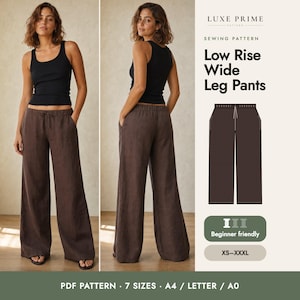 Low Rise Wide Leg Pants Sewing Pattern for Women XS-XXXL, Drawstring Linen Pants PDF, Beginner Friendly, A4 Letter A0