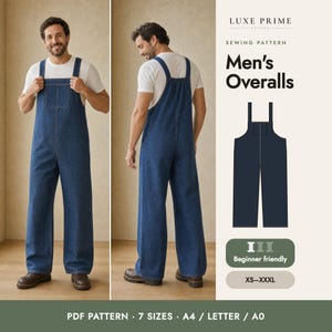 Mens Overalls Sewing Pattern, Bib Overalls PDF for Men, Denim Dungarees with Pockets, Workwear Jumpsuit, XS-XXXL, A4 Letter A0
