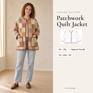 Patchwork Quilt Jacket Sewing Pattern, Quilt Coat PDF from a Vintage Quilt, Collarless Button Jacket, XS-5XL, A4 Letter A0
