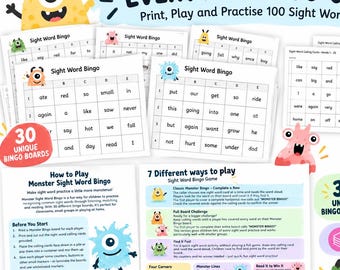 Fun Monsters Sight Word Bingo Game | Printable Kindergarten Reading Activity | 30 Bingo Cards