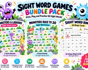 Fun Monster Sight Word Game Bundle Pack | 3 Printable Kindergarten Reading Games