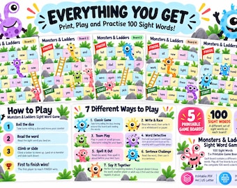 Fun Monsters Sight Word Snakes & Ladders Game | Printable Kindergarten Reading Activity | 5 game boards
