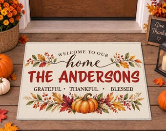 Personalized Thanksgiving Doormat, Custom Family Name Welcome Mat, Fall Front Porch Decor