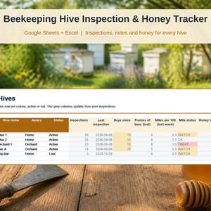 Bijenhouderijregistratie spreadsheet | Bijenkorfinspecties, mijten, honing en kosten (Google Sheets, Excel)