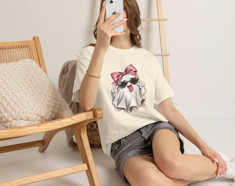 Kawaii Ghost T-Shirt: Pink Bow, Heart Sunglasses, Cotton Tee