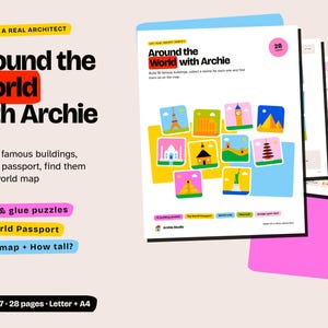 Kids Geography Printable, Famous Landmarks Cut and Glue Puzzles, World Passport, Map, Ages 4-7