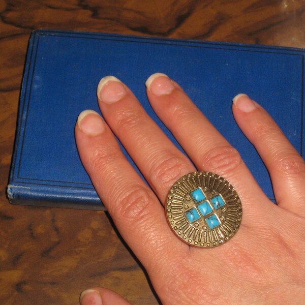 Vintage Mexican ring, Turquoise ring, vintage ring, blue ring, gold ring, copper ring, gold sun ring, Aztec ring, 70s.