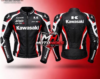 Jaqueta de couro preta e vermelha para motociclista, feita à mão pela Kawasaki | Jaqueta vintage de corrida para motociclistas | Equipamento para pilotar motos | Presente para motociclistas