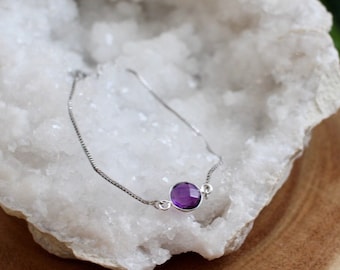 Amethyst Silver Bracelet, Dainty Adjustable Layering Bracelet, February Birthstone Jewelry Gift