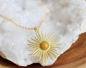 Collier soleil en jaspe jaune, bijoux bohème soleil en or, cadeau de pierres précieuses naturelles
