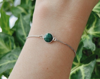 Emerald Silver Bracelet, Green Gemstone Jewelry, May Birthstone Gift