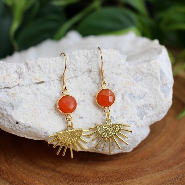 Carnelian Gold Sun Dangle Earrings, Handmade Boho Jewelry, Gemstone Gift