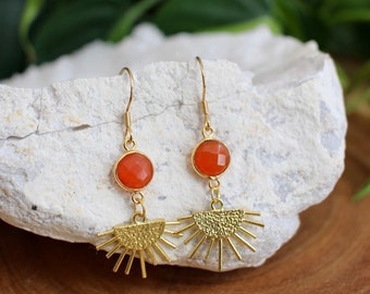 Carnelian Gold Sun Dangle Earrings, Handmade Boho Jewelry, Gemstone Gift