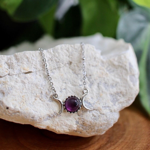 Dainty Triple Moon Amethyst Necklace, Silver Gemstone Moon Phase Necklace, Celestial Jewelry Gift Idea