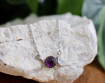 Dainty Triple Moon Amethyst Necklace, Silver Gemstone Moon Phase Necklace, Celestial Jewelry Gift Idea