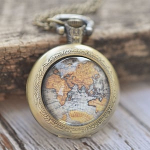 Vintage Map Pocket Watch Necklace, Antique Map Necklace, Globe Necklace, Vintage Map Pocket Watch Necklace, Antique Globe Necklace