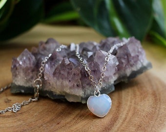 Opalite Heart Necklace, Dainty Crystal Heart Shape Jewelry, Gift for Mothers Day