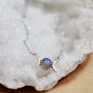Dainty Triple Moon Labradorite Necklace, Silver Gemstone Necklace, Jewelry Gift for Moon Lover
