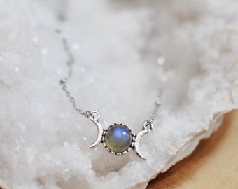 Dainty Triple Moon Labradorite Necklace, Silver Gemstone Necklace, Jewelry Gift for Moon Lover