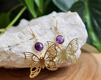 Amethyst Gold Butterfly Earrings, February Birthstone Jewelry Gift