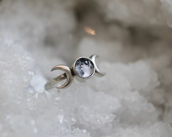 Triple Moon Ring, Silver Moon Phase Jewelry, Celestial Gift