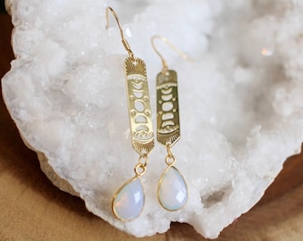 Moon Phase Opalite Dangle Earrings, Celestial Gold Bar Drop Earrings, Moon Lover Jewelry Gift