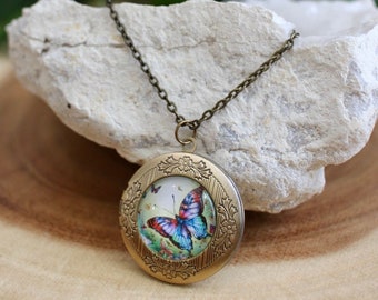 Butterfly Photo Locket Necklace, Handmade Jewelry Gift, Nature Lover Keepsake