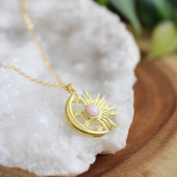 Pink Opal Celestial Necklace, Sun Moon Stars Jewelry, Cosmic Gift for Her