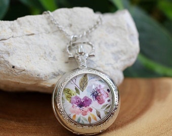 Floral Pocket Watch Necklace, Long Boho Necklace, Cottagecore Jewelry Gift