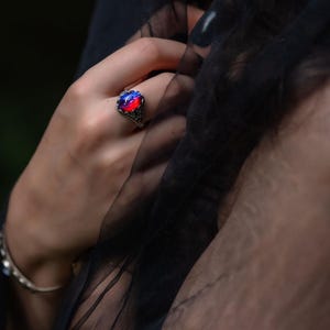 Dragons Breath Fire Opal Ring, Red Glass Stone, Gothic Fantasy Jewelry