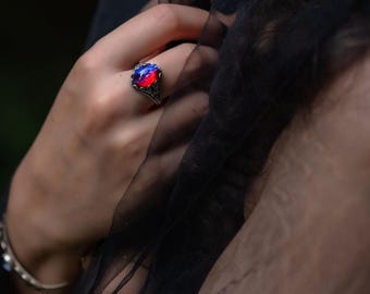 Dragons Breath Fire Opal Ring, Red Glass Stone, Gothic Fantasy Jewelry