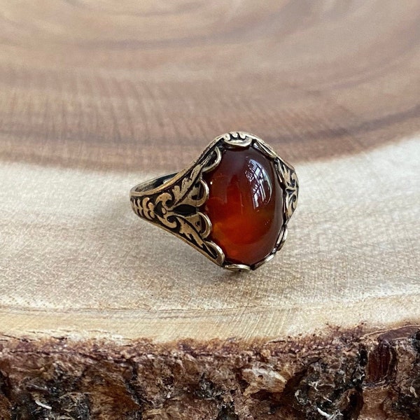 Carnelian Ring, Brass Boho Gemstone Ring, Positive Energy Stone Gift