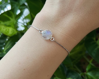 Dainty Silver Moonstone Bracelet, Minimalist Rainbow Moonstone Jewelry, June Birthstone Bracelet