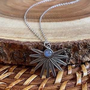 Moonstone Sun Necklace, Silver Celestial Jewelry, Boho Sunburst Necklace