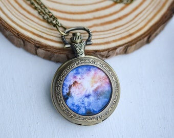 Galaxy Pocket Watch Necklace, Outer Space Jewelry, Celestial Gift