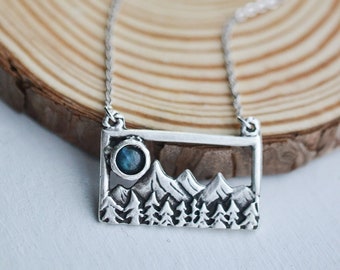 Mountain Labradorite Necklace, Pine Tree Forest Bar Necklace, Mountain Landscape Jewelry, Nature Lover Gift