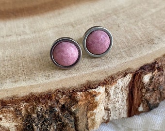 Rhodonite Stud Earrings, Healing Gemstone Jewelry, Gift for Her