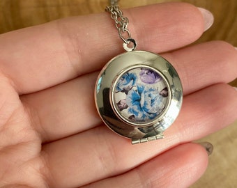 Blue and Purple Floral Locket Necklace, Cottagecore Gift, Nature Lover Jewelry