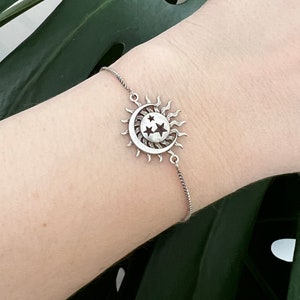 Sun Moon and Stars Bracelet, Adjustable Silver Celestial Bracelet, Boho Minimalist Jewelry