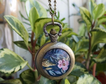 Dark Floral Pocket Watch Necklace, Long Boho Necklace, Cottagecore Jewelry, Gift For Her