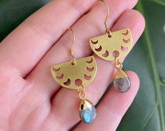 Labradorite Moon Phase Earrings, Boho Gemstone Jewelry, Celestial Gold Dangle Earrings