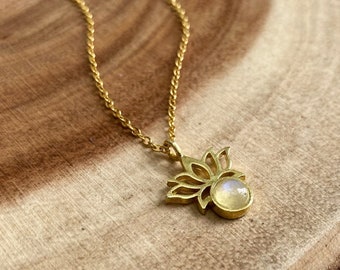 Gold Lotus Flower Necklace, Dainty Moonstone Jewelry, Yoga Gift