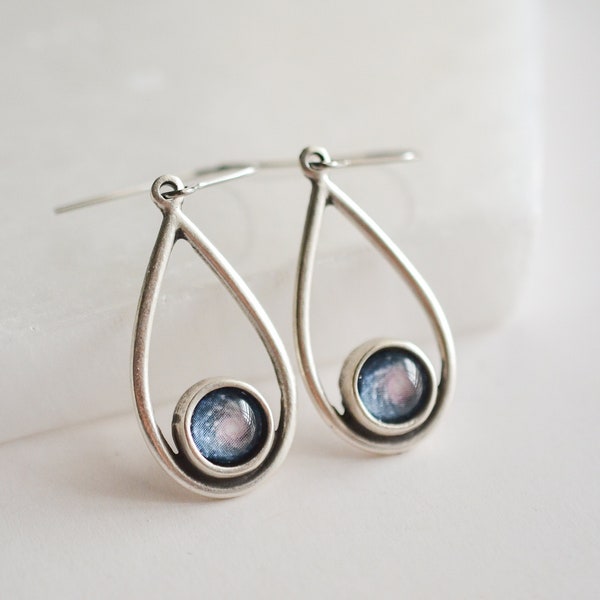 Blue Spiral Galaxy Dangle Earrings, Celestial Space Gift, Astronomy Jewelry