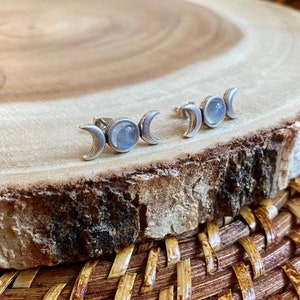 Moonstone Triple Moon Stud Earrings , Silver Celestial Gemstone Jewelry