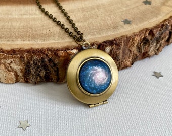 Blue Galaxy Photo Locket Necklace, Celestial Jewelry, Photo Keepsake Gift