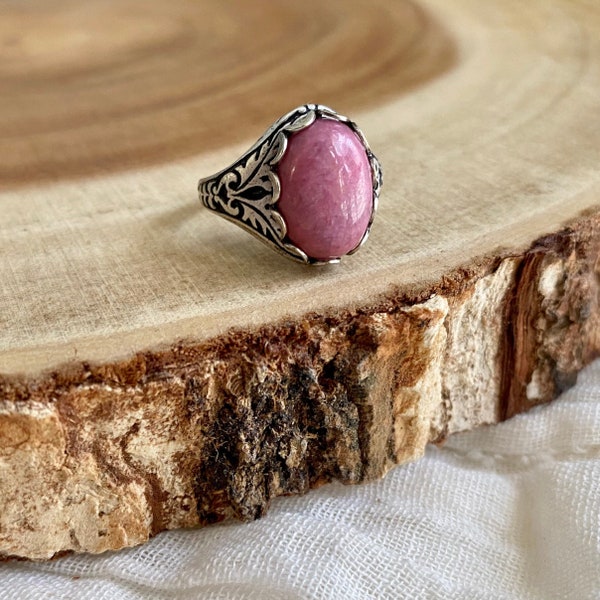 Silver Rhodonite Ring, Healing Gemstone Jewelry, Pink Stone Boho Ring